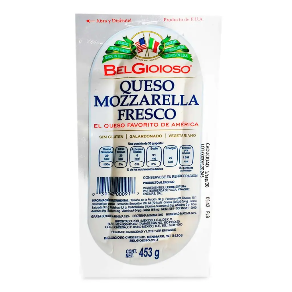 Queso mozzarella belgioso, 453gr, pieza
