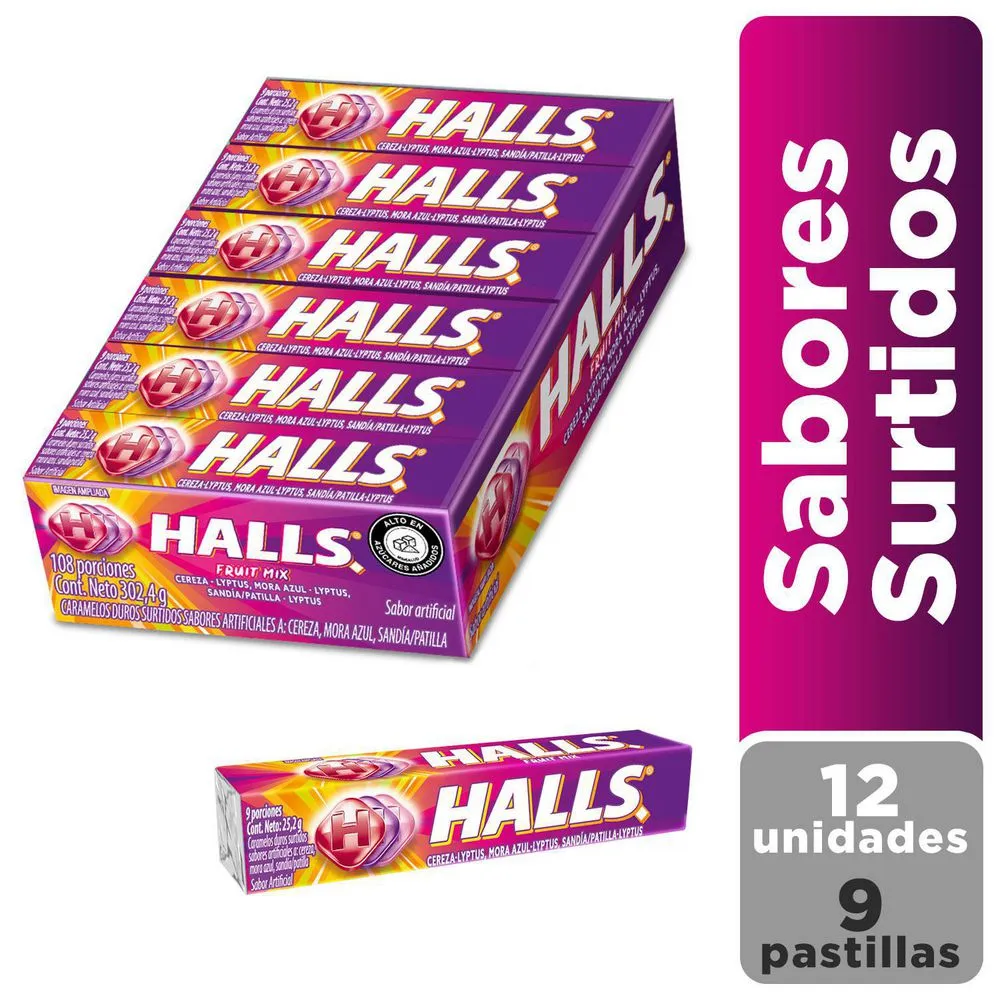Caramelo mentolado, halls, 12 tubos