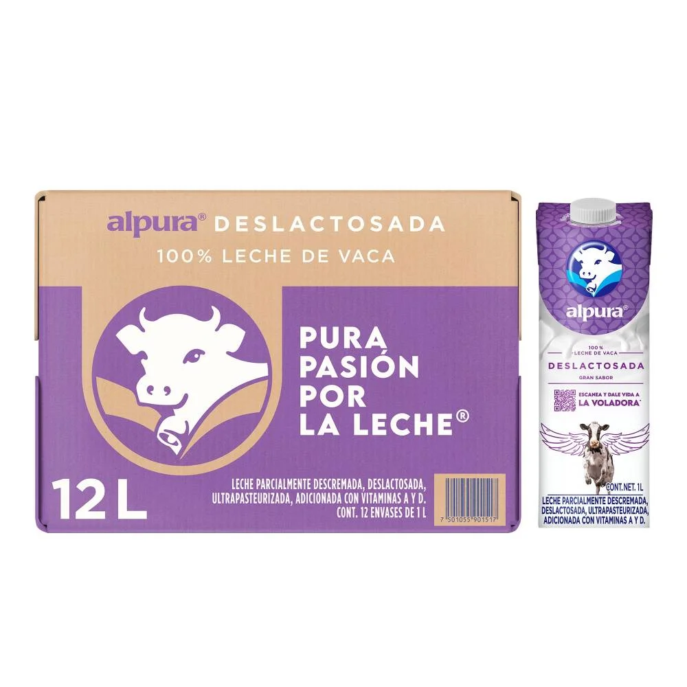 Leche deslactosada de litro alpura, 12 piezas, caja