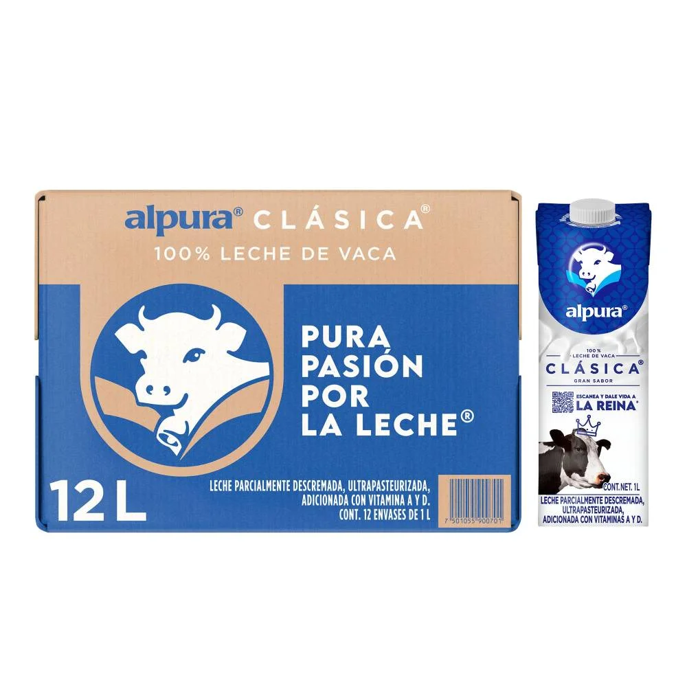 Leche entera de litro 12 pz, Alpura, caja