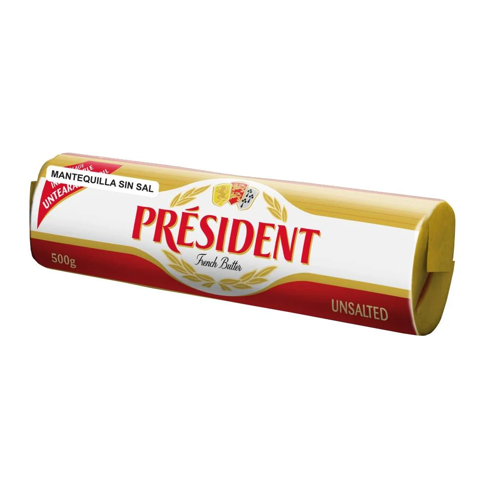 Mantequilla sin sal de 500 gr, president, pieza