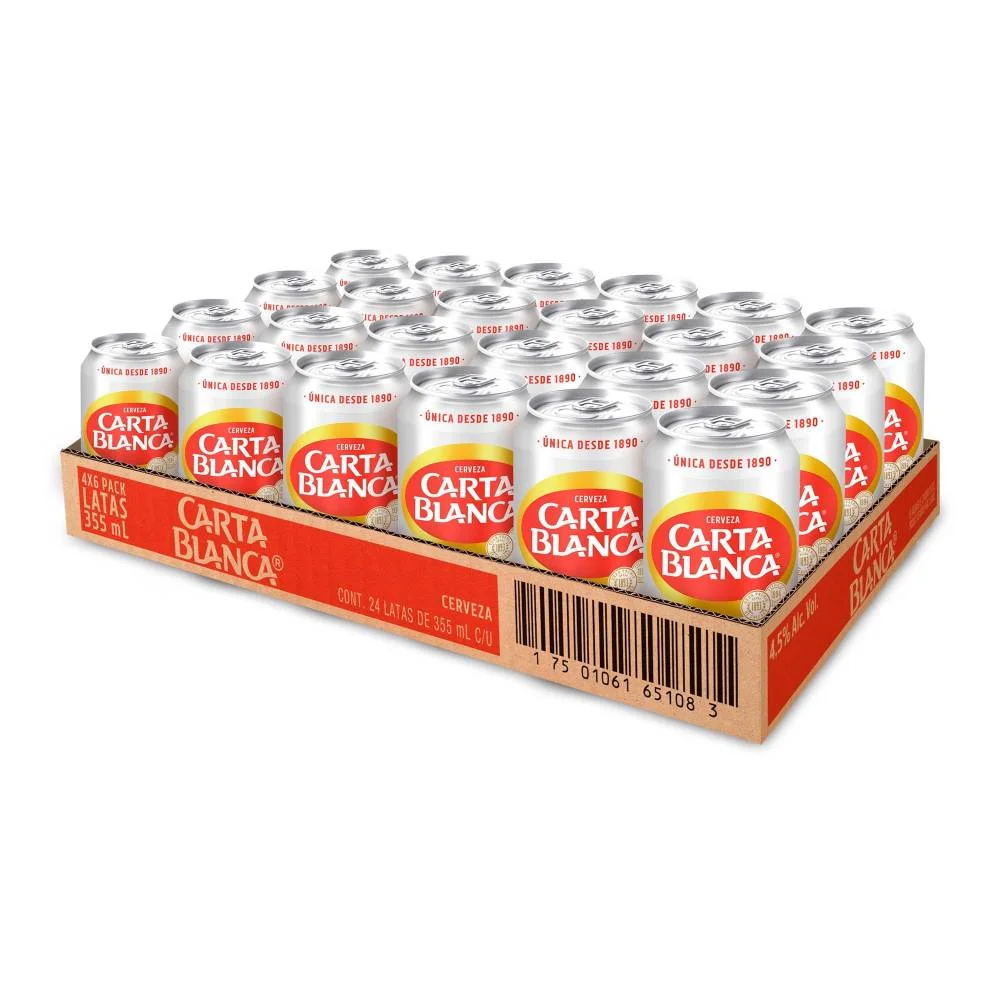 Cerveza de 437 ml 24 latas, carta blanca, charola