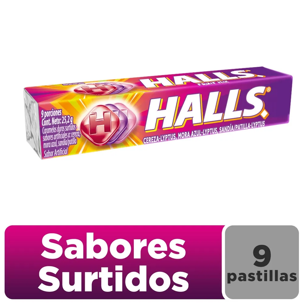 Caramelo mentolado de sabores frutales, halls, 25.2 gr, pieza