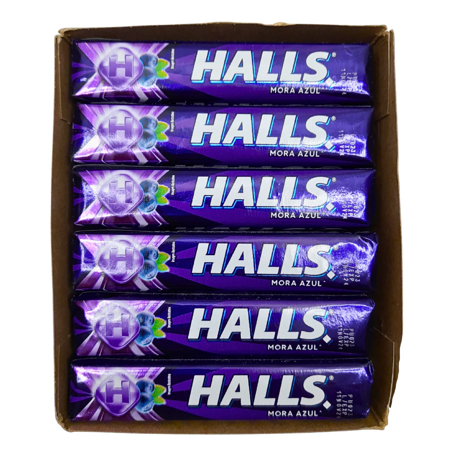 Caramelo mora azul 12 pz, halls, }caja