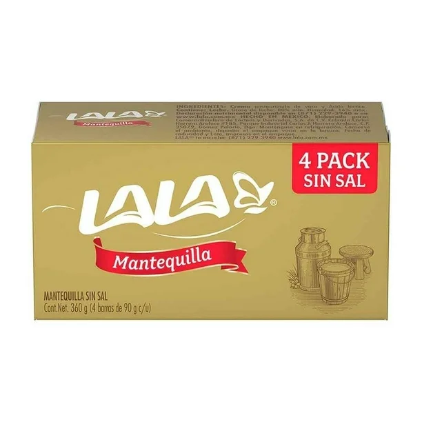 Mantequilla solida sin sal 4 piezas de 90 gramos, lala, caja