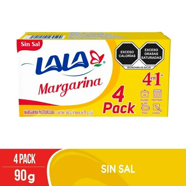 Margarina sin sal entera 90 grs 4 pz, lala, caja 
