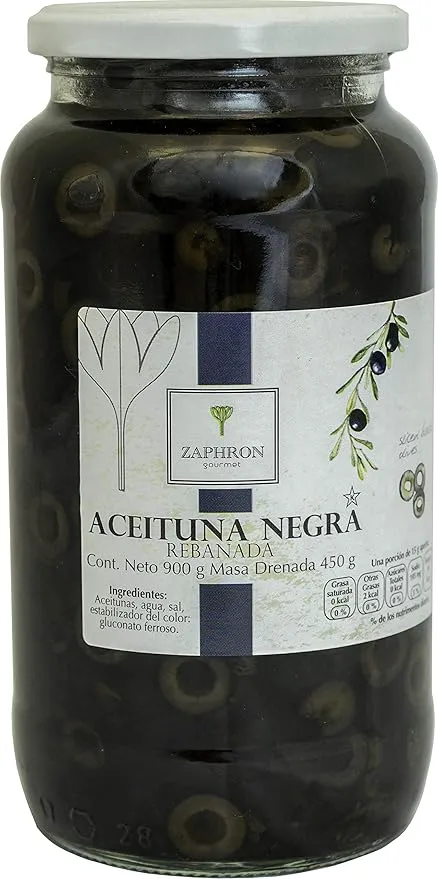 aceituna negra rebanada de 900 gramos, zaphron,  frasco